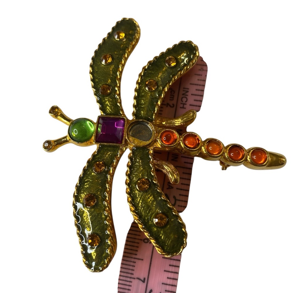 Carlisle Dragonfly Brooch Pin Green Enamel Gold Tone Jewel Accents Vintage-Insp - Picture 6 of 8